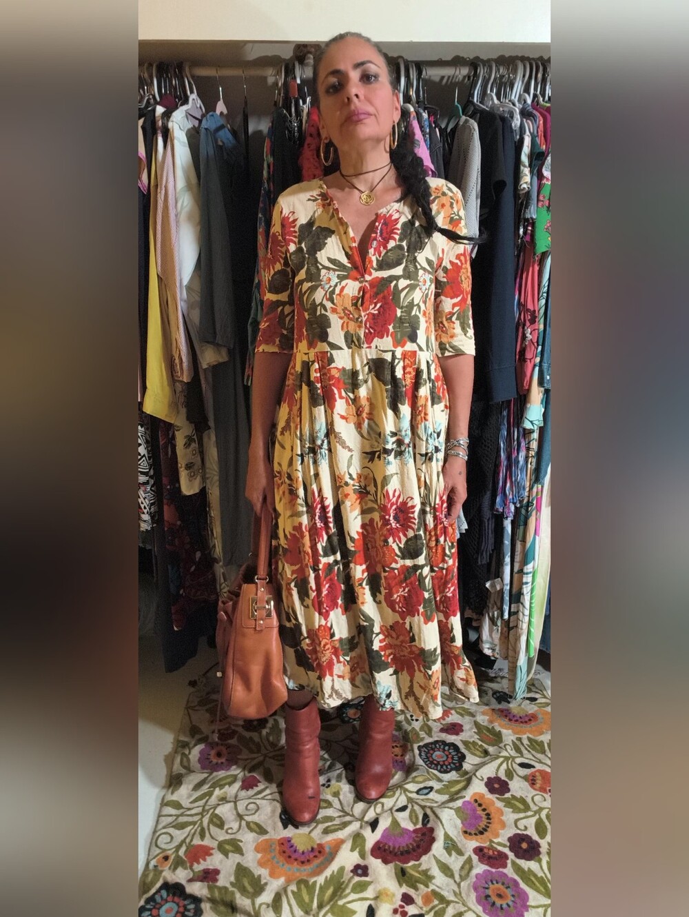 Source Unknown Cotton  Cream Maxi Dress with Red & Green Floral Print